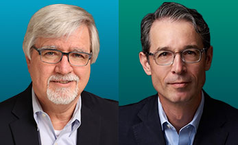 Side-by-side professional headshots of two men in suits wearing glasses