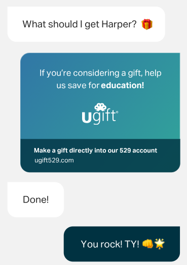 Text message conversation about gifting through Ugift, promoting a direct gift into a 529 account at ugift529.com