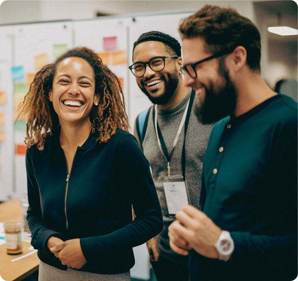 Three colleagues laughing together in an office, with one woman in the foreground smiling widely