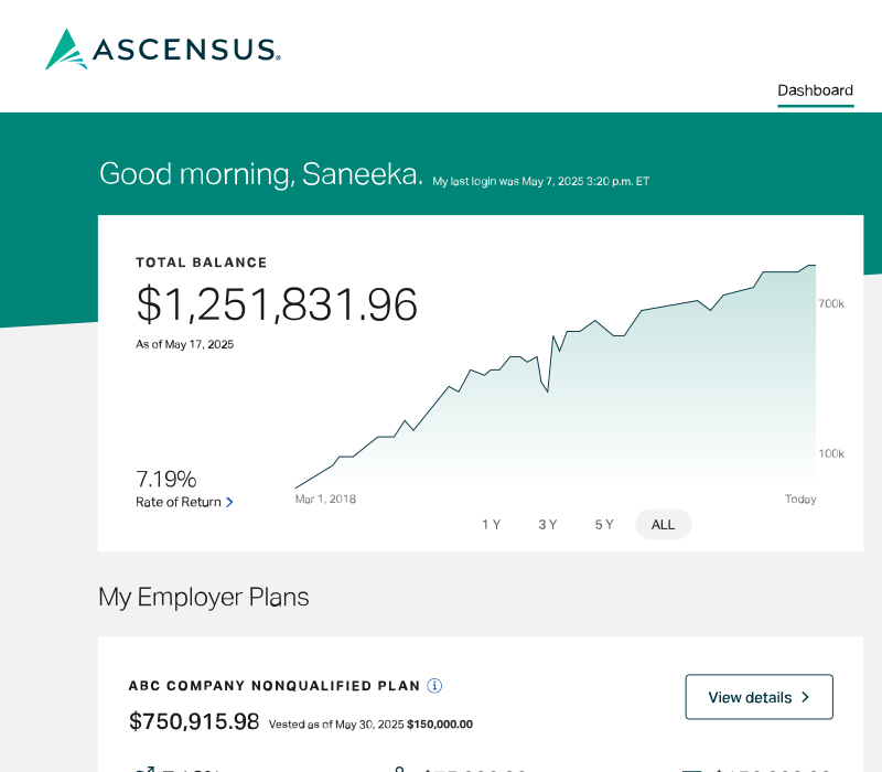 Screenshot of the Ascensus dashboard showing total balance and employer retirement plan details