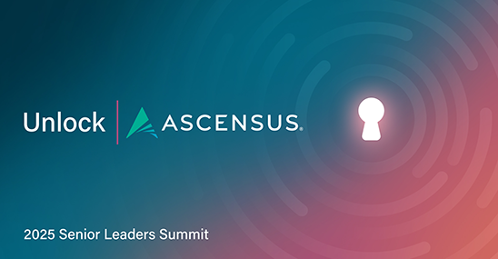 Unlock Ascensus 2025 Senior Leaders Summit banner with a glowing keyhole icon on a teal-to-pink gradient background.