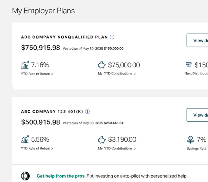 Screenshot of 'My Employer Plans' section showing retirement account balances and rates of return