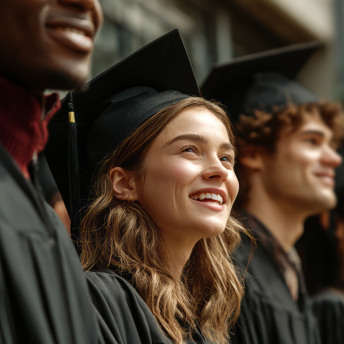 Close-up of smiling graduates in caps and gowns, looking up during a graduation ceremony.