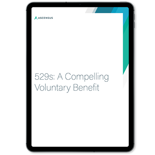 Tablet displaying the cover of an Ascensus report titled '529s: A Compelling Voluntary Benefit.'