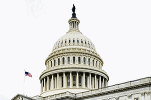 U.S. Capitol dome against a pale sky with an American flag flying to the side