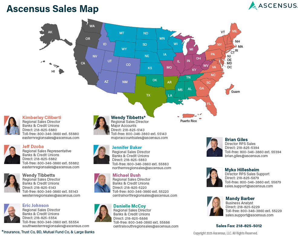 Map of the United States divided into Ascensus sales regions with regional sales director contact photos and details