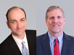 Side-by-side professional headshot photos of two men in business suits and ties.