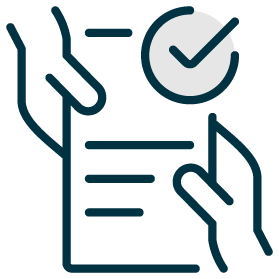 Line illustration of a hand reaching out to support a stressed person, alongside an approval checkmark icon and document lines